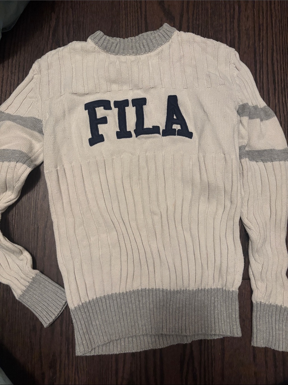 FILA Women’s Cream Crewneck Sweater with Gray Trim and Navy Logo